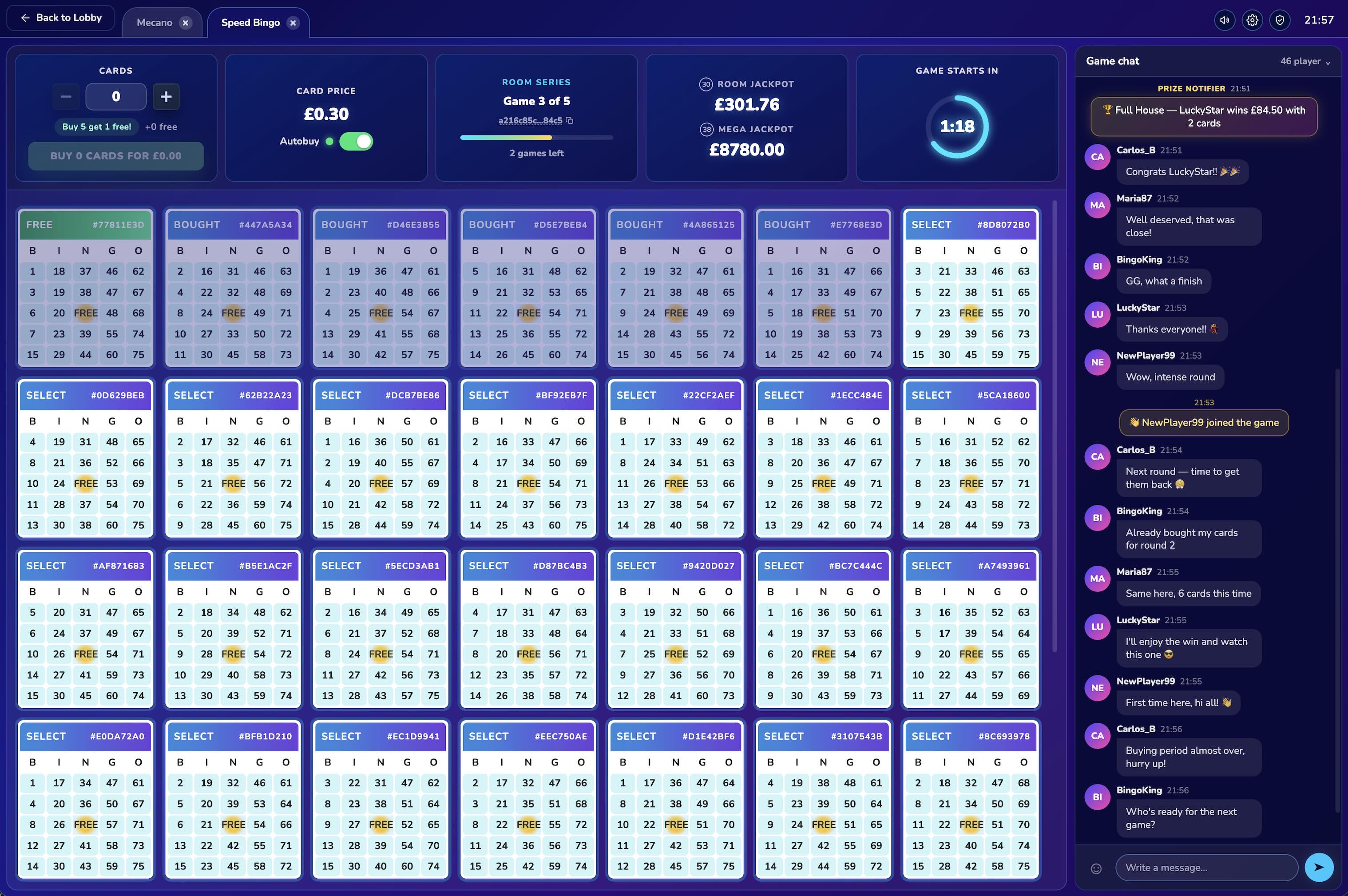 Bingocore live bingo game — drawn balls, player cards, leaderboard and chat