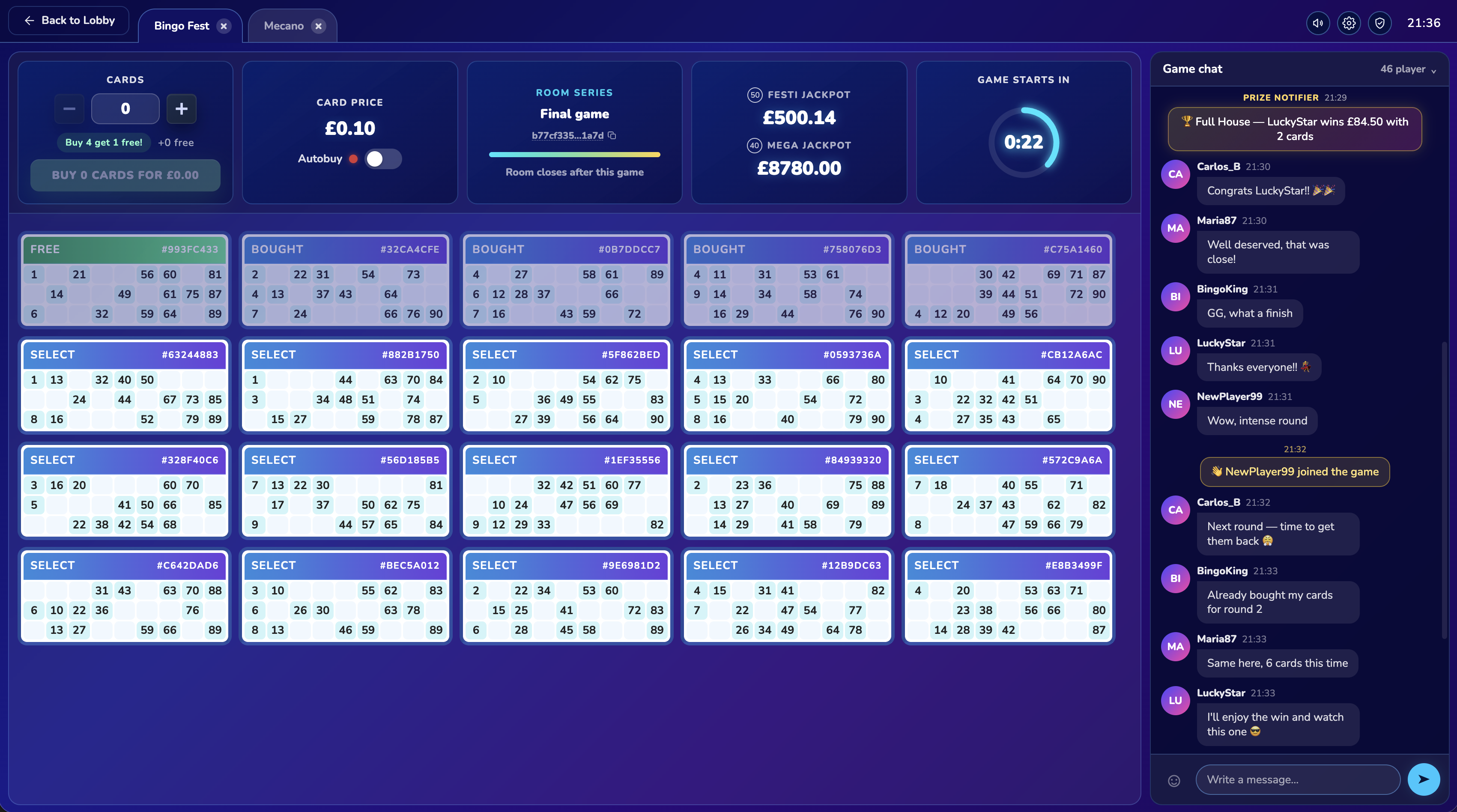 Bingocore live bingo game — drawn balls, player cards, leaderboard and chat